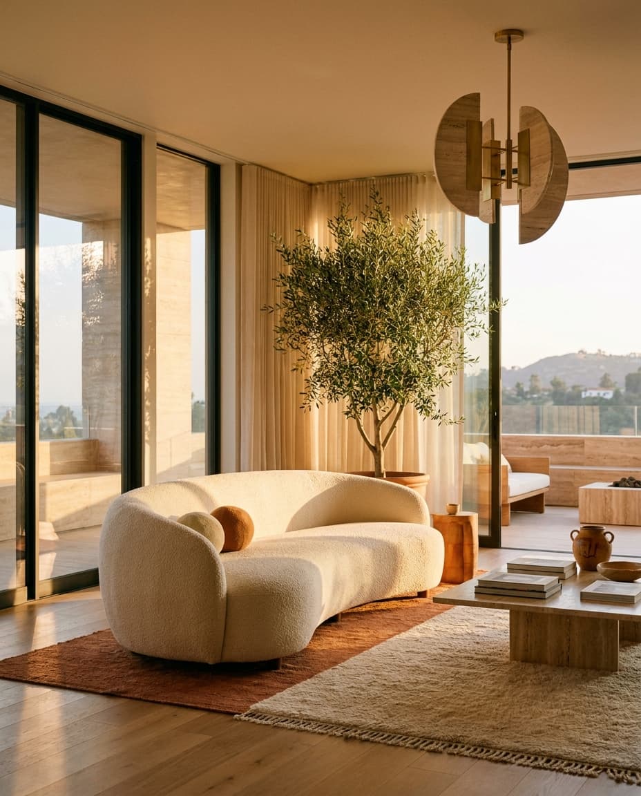 A warmly lit luxury living room designed by Origineup